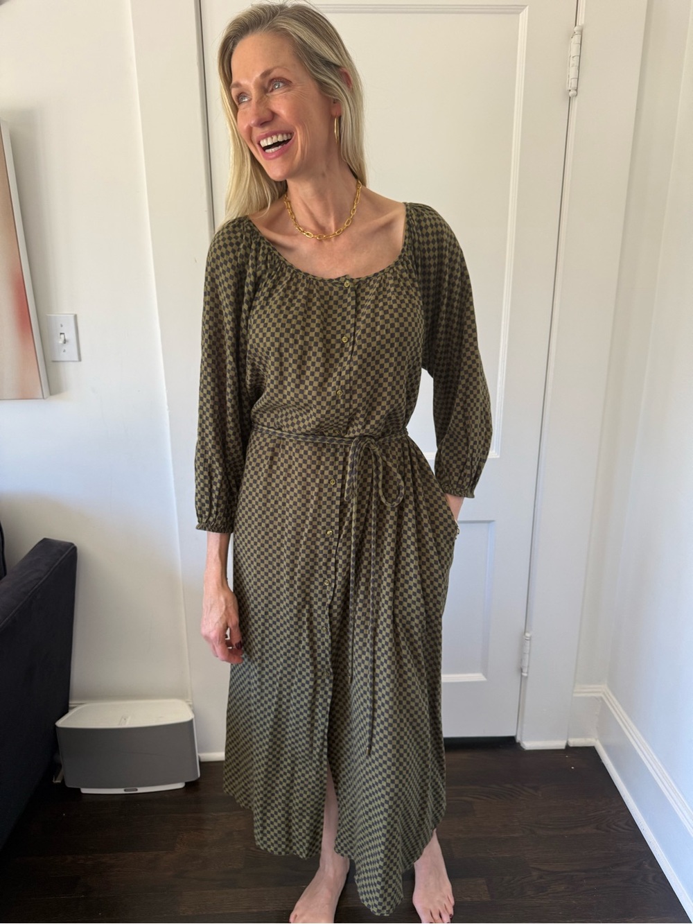 THE GREAT. Olive and Gray Checked Dress